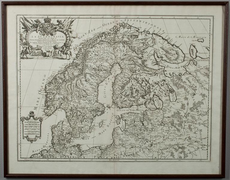 KARTA, La Scandinavia Divisa nelli suoi Regni di Svezia, Danimarca, Norvegia e Paese dei Lapponi. Rome, 1678.