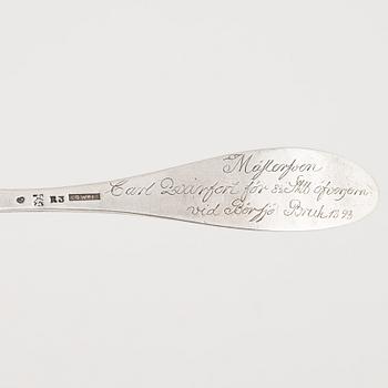 A Swedish Silver Spoon, rewarded at Börsjö Bruk 1823, mark of Lorenz Georg Weis, Norrköping 1823.