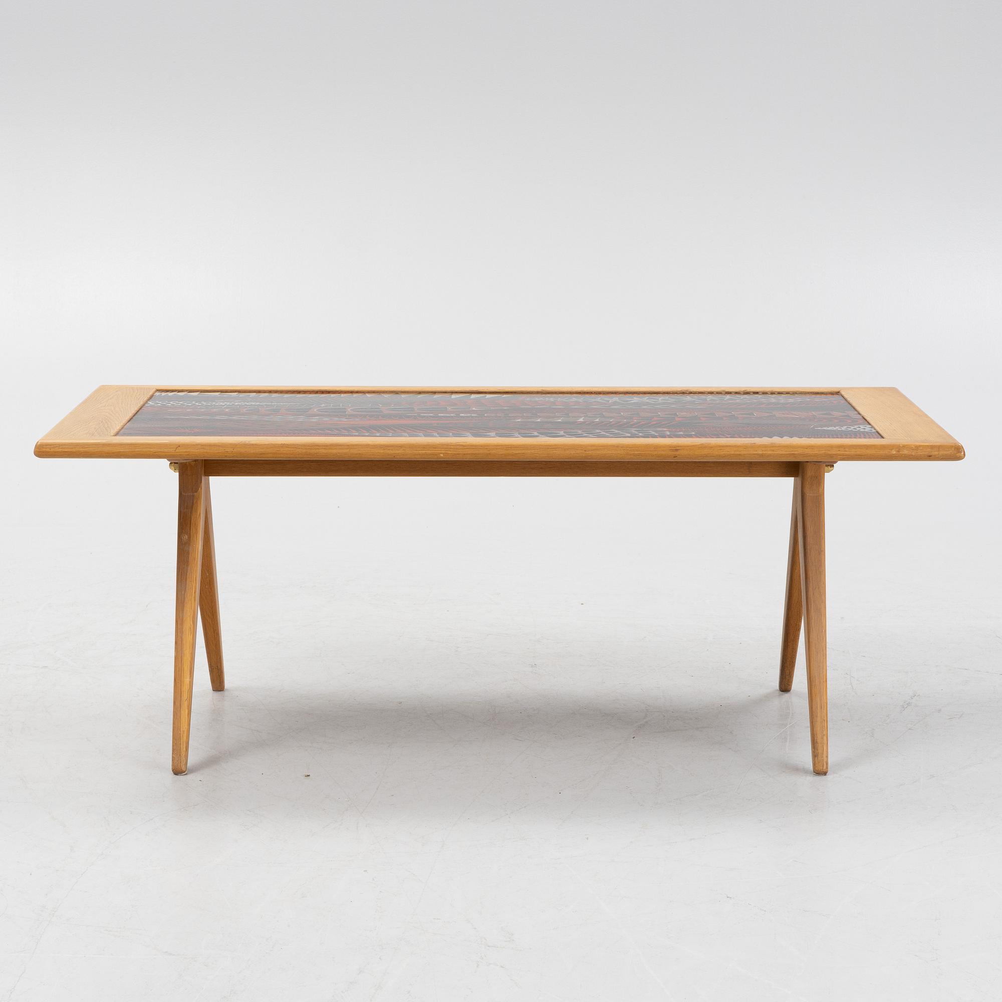 Stig Lindberg & David Rosén, an oak and enamel coffee table from Nordiska Kompaniet and Gustavsberg, 1950's.