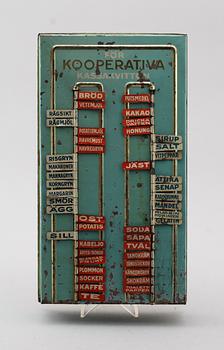 INKÖPSTAVLA TILL HUSHÅLLET, plåt, 1930/40-tal.
