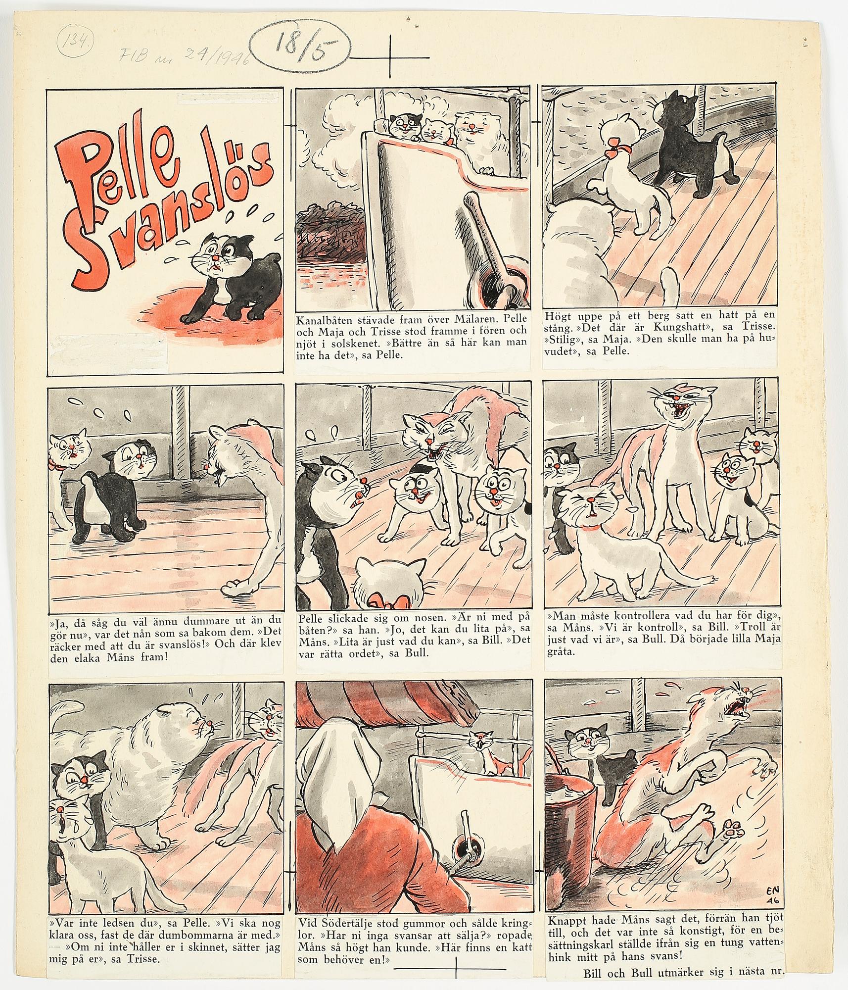 EINAR NORELIUS, 4 tecknade förlagor, tusch och akvarell på papper, för tidning FIB. Monogramsignerade o daterade 46-47.