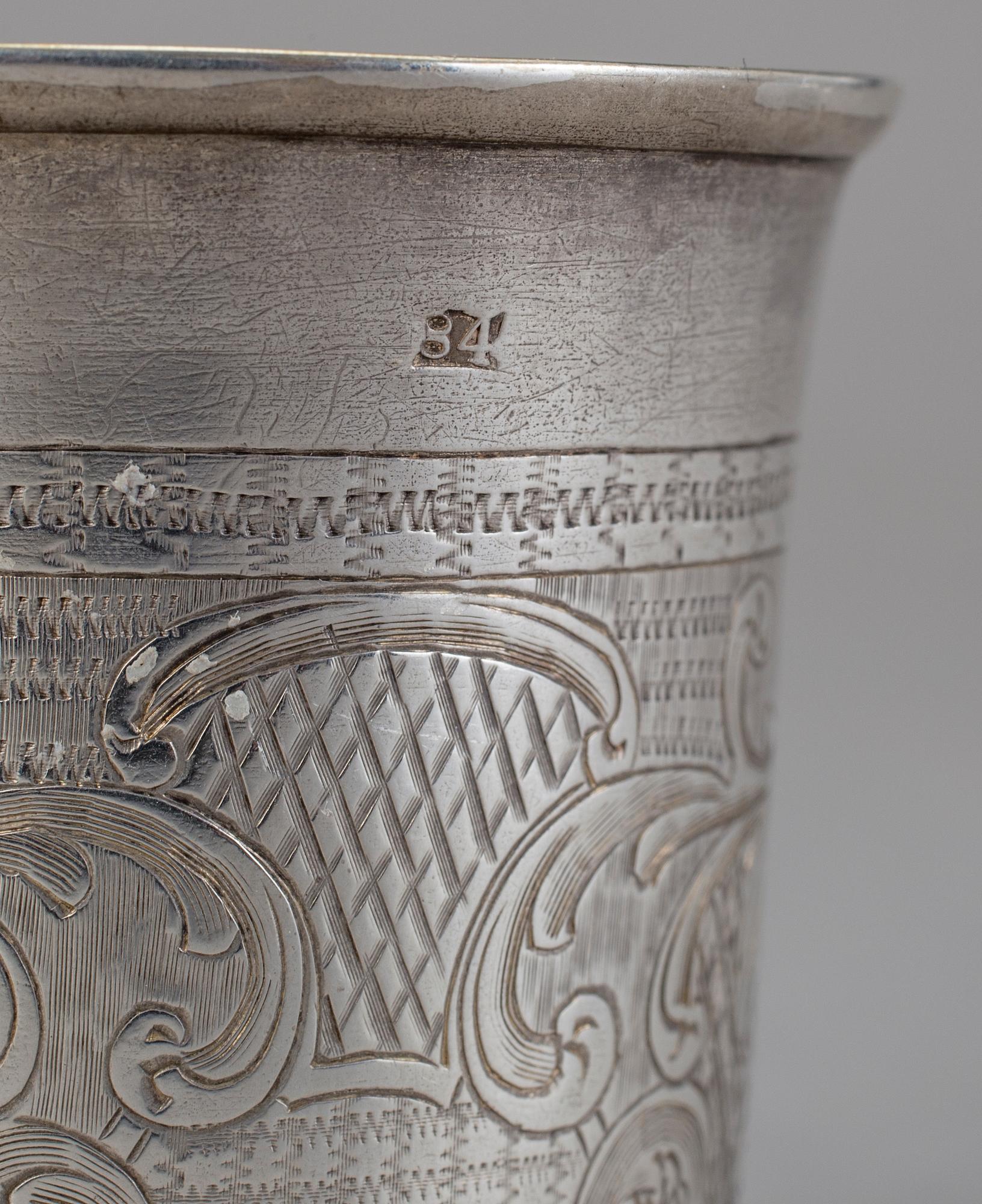 BÄGARE, silver, sannorlikt Moskva, Ryssland 1850. Totalvikt 46 g.