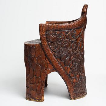 Gustaf Fjaestad, a pair of Art Nouveau carved pine chairs "stabbestolar", Arvika Sweden 1908-09.