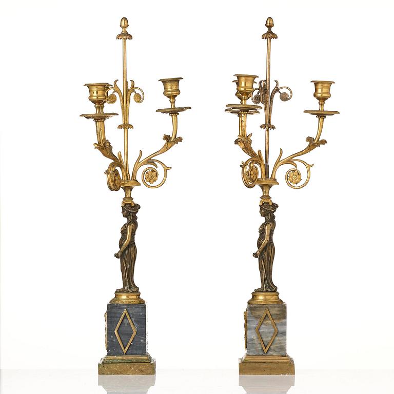 A pair of late Gustavian ormolu and marble three-light candelabra, Stockholm, late 18th century.