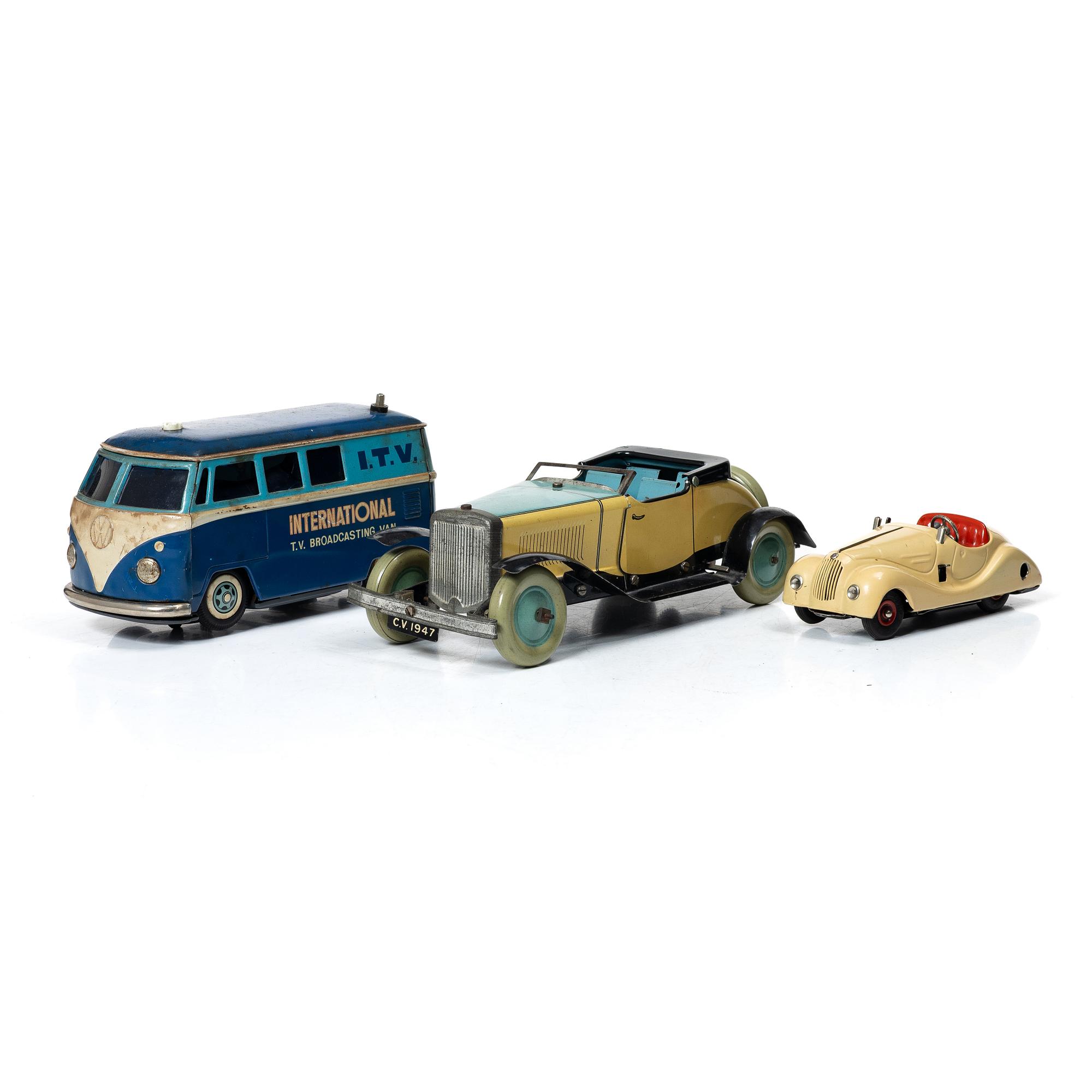 Tin toys, 3 cars, Gakken Toy, Chad Valley & Schuco.