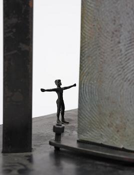 Bertil Vallien, a sand cast glass sculpture of a standing half-boat, Kosta Boda, Sweden.