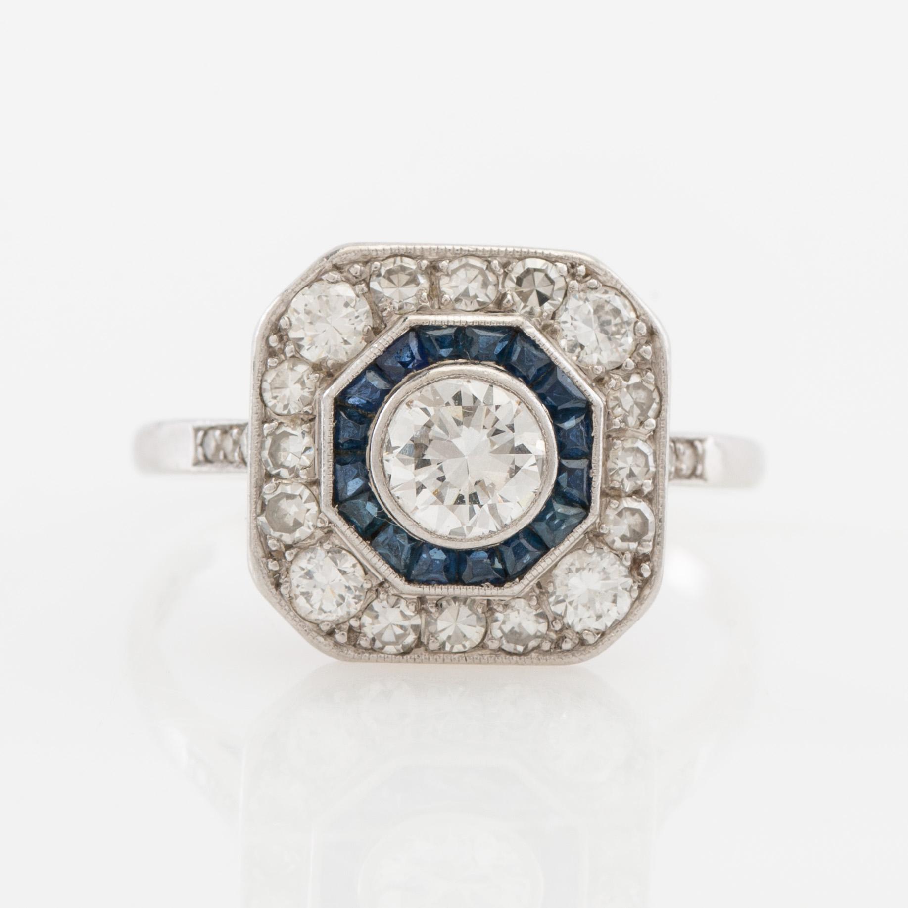 Ring of platinum with diamonds and faceted sapphires, Art Deco, K Anderson Stockholm 1938.