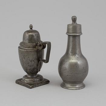 A PEWTER MUSTARD POT AND FLASK, 18th-19th century.