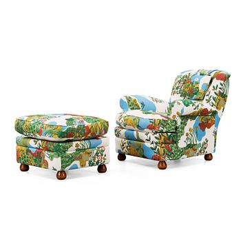 A Josef Frank armchair with ottoman, model 336, Svenskt Tenn Sweden.