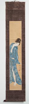 A Hanging Scroll, ink and color on paper. A beuty in blue, follower of Kitagawa Utamaro.