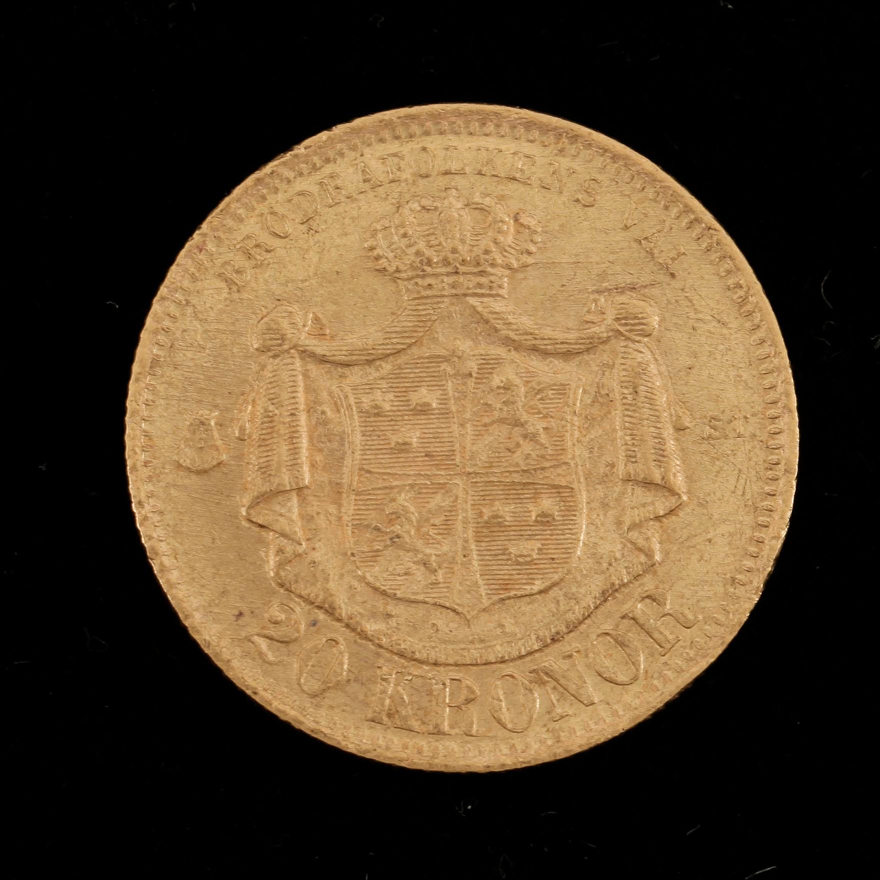 GULDMYNT, 20 Kronor, Oscar II, Sverige-Norge 1875. Vikt ca 8 gram.