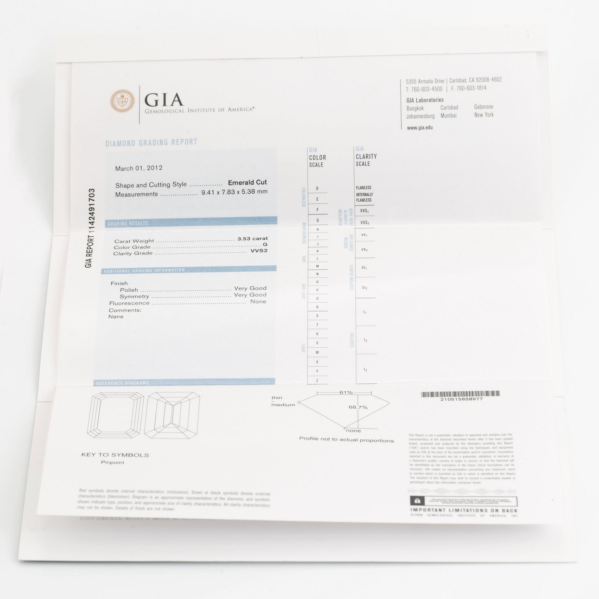 An Engelbert ring in 18K white gold set with an emerald-cut diamond 3.53 ct G vvs 2.