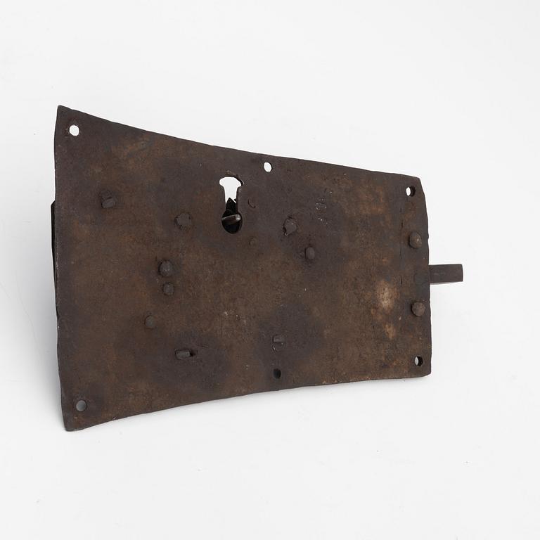 A large Sweidsh wrought iron lock, 18th Century, dated 1791.