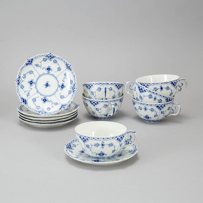 A set of six Danish Royal Copenhagen "Blu fluted full lace" pordelain teacups and saucers model 1142.