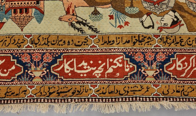 A RUG, a semi-antique Kashan figural, possibly Motachem, ca 202 x 140 cm.