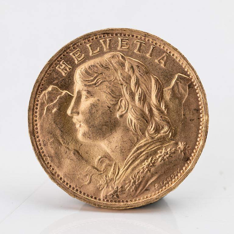 Gold coin, 21.6K, Helvetia 20 Francs, Switzerland, 1935.