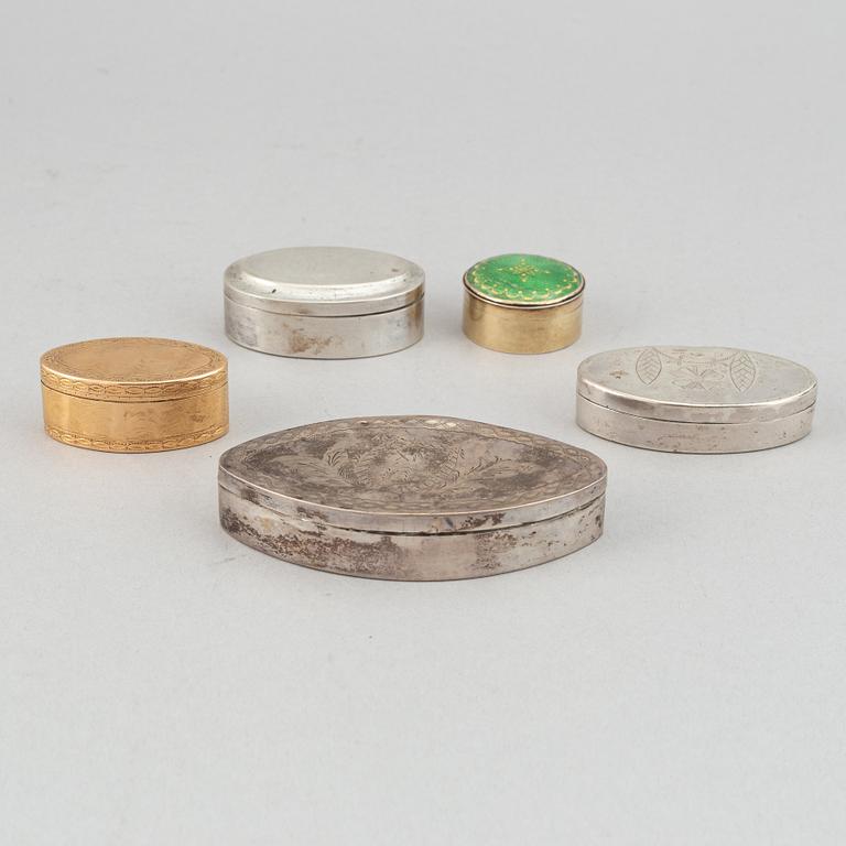 Dosa, guld, samt dosor, 4 st, silver. 1800-1900-tal.
