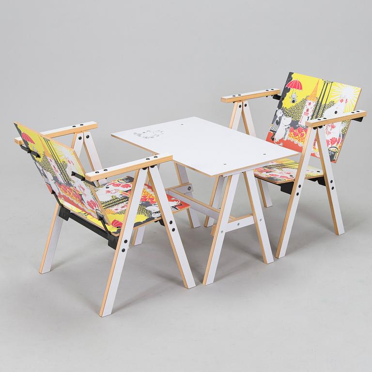 Yrjö Kukkapuro, Children's furniture, two 'Moomin S chairs'  and a table collaboration with Modeo and Moomin Characters.