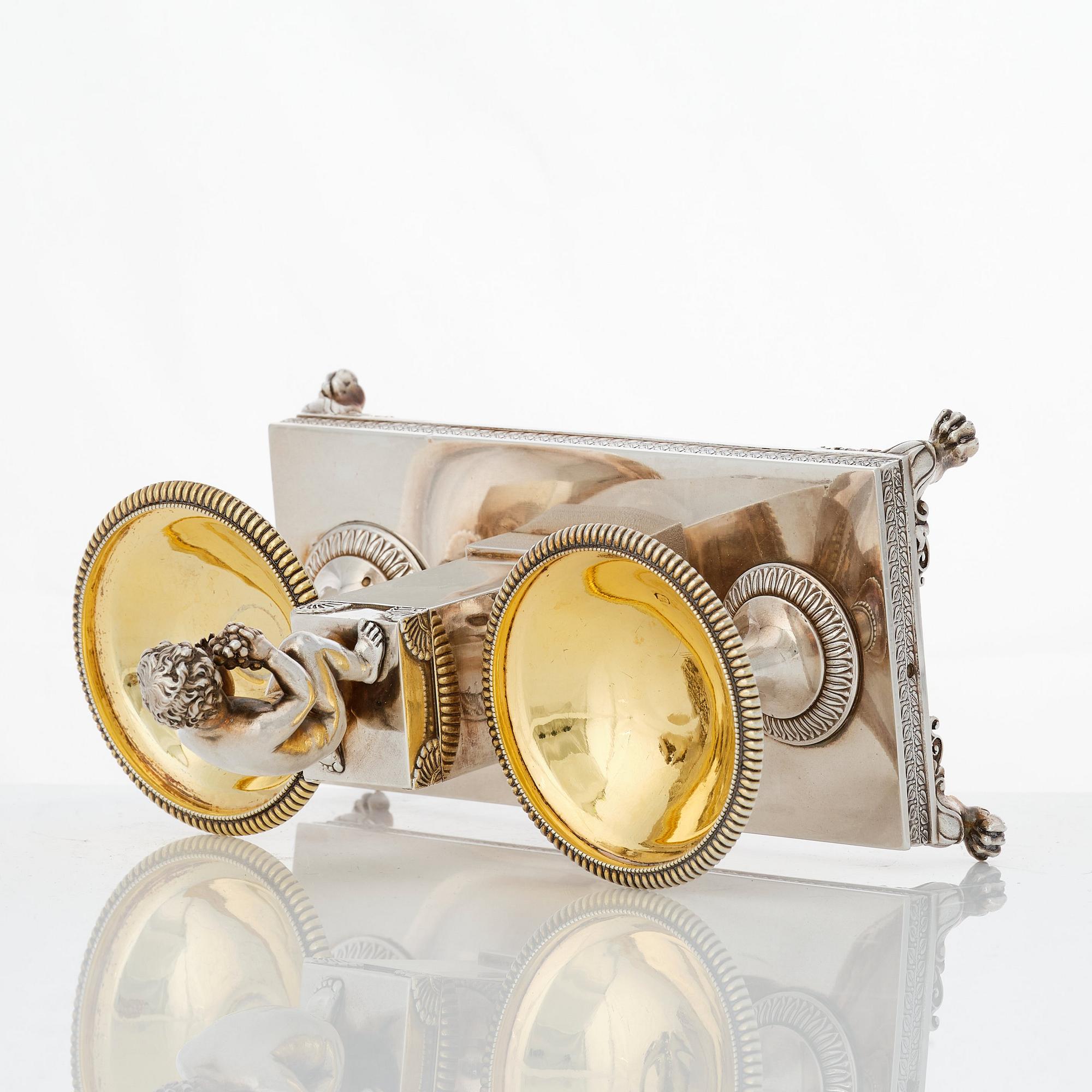 A French Empire parcel-gilt silver double salt-cellar, mark of Jean-Baptiste-Claude Odiot, Paris 1803-1809.