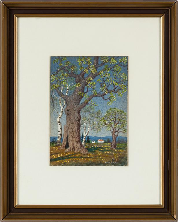 Oskar Bergman, Somrigt landskap med träd och hus.