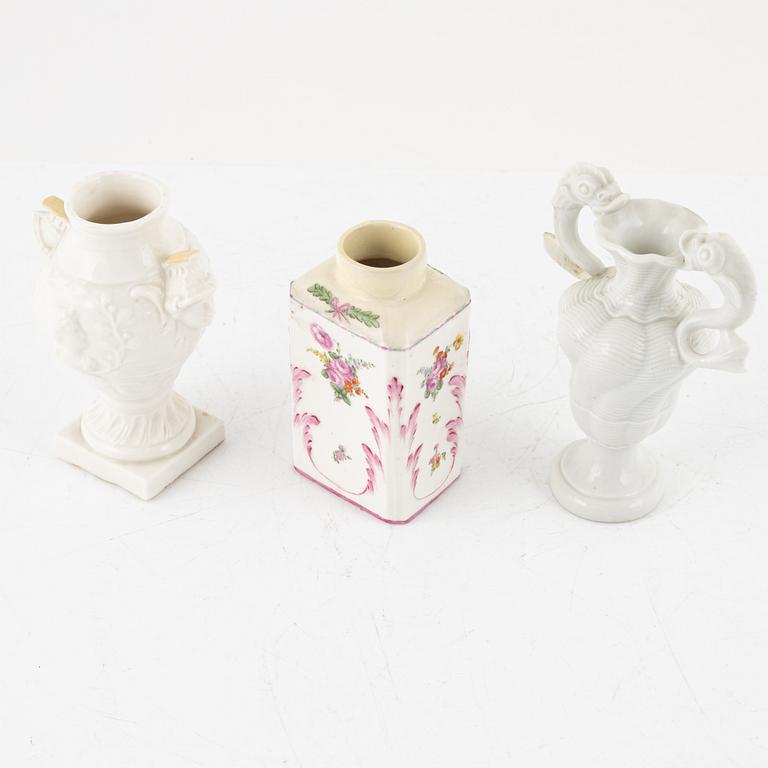 Two white glazed Nymphenburg vases and a Swedish Marieberg tea caddy, 18th Cenury.