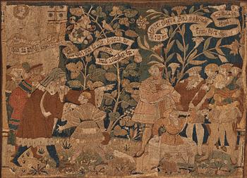 An embroidered framed fragment of a Swiss table carpet, first half of the 16th century.