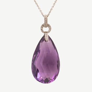 An 18K white gold necklace set with a briolette-cut amethyst and rose-cut diamonds.