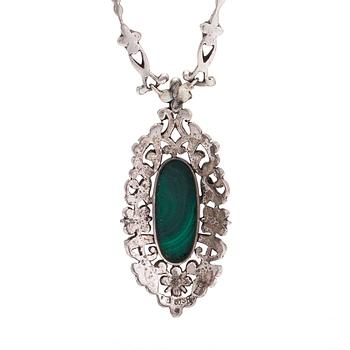 A silver necklace, with marcasites and a malachite, L.Gunnari, Helsinki 1935.