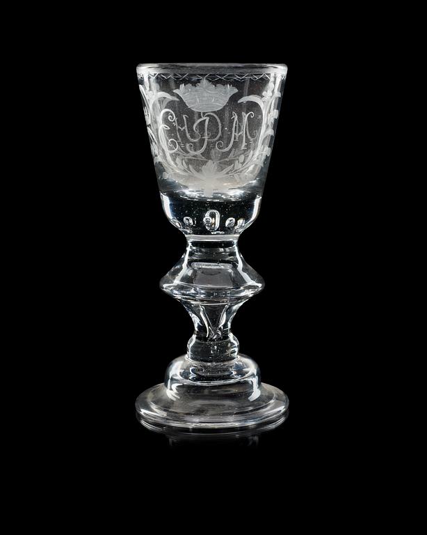 An engraved German wine glass, 18th Century.