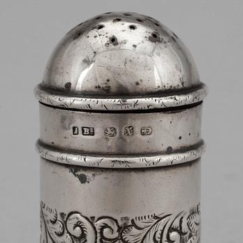 A Victorian silver salt shaker marked Birmingham 1897 and a collection of silver (3) and plate (9) flatware.