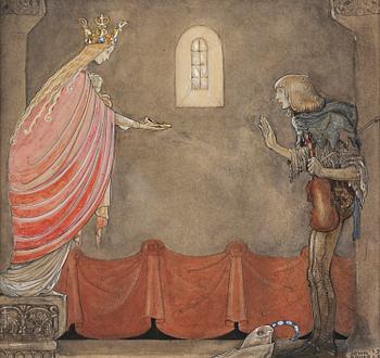 813A. John Bauer, "Madonnan ger spelmannen sin ena sko" (from "Spelmannen som fick madonnans guldsko").