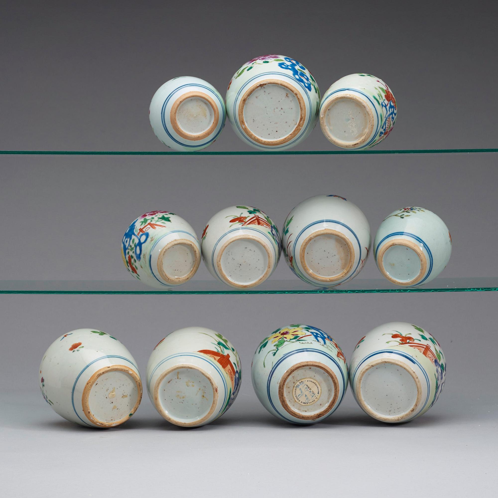 A set of 11 famille rose pots, Qing dynasty, Qianlong (1736-95).
