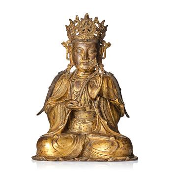A large and impressive gilt bronze figure of Bodhisattva Avalokiteshvara/Guanyin, Ming dynasty (1368-1644).