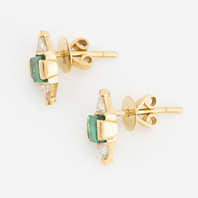 Earrings, gold with emeralds and triangular diamonds.