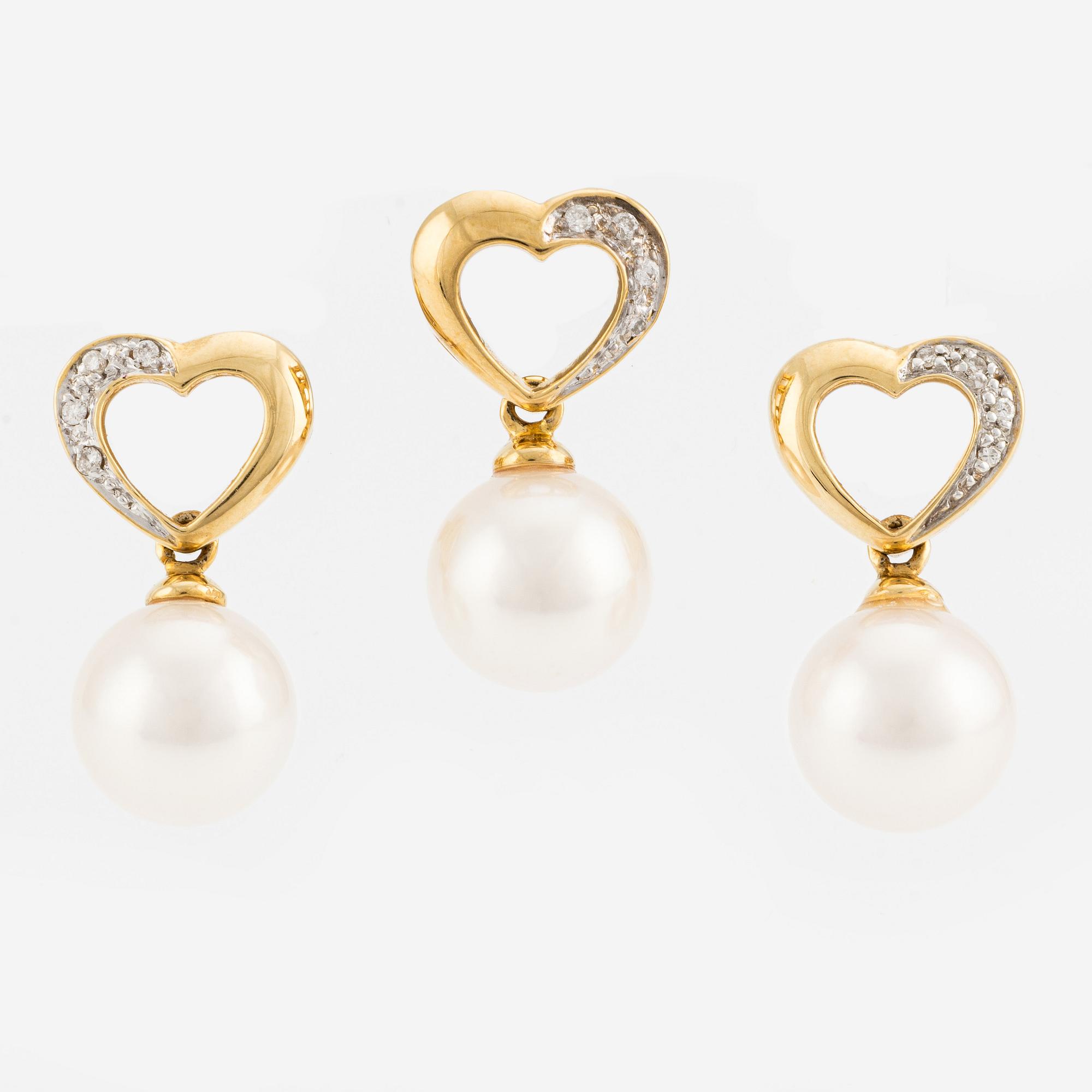 Hänge samt ett par örhängen, 18K guld med pärlor samt små diamanter.
