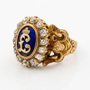 Ring, 14K gold with monogram, enamel and old-cut diamonds.