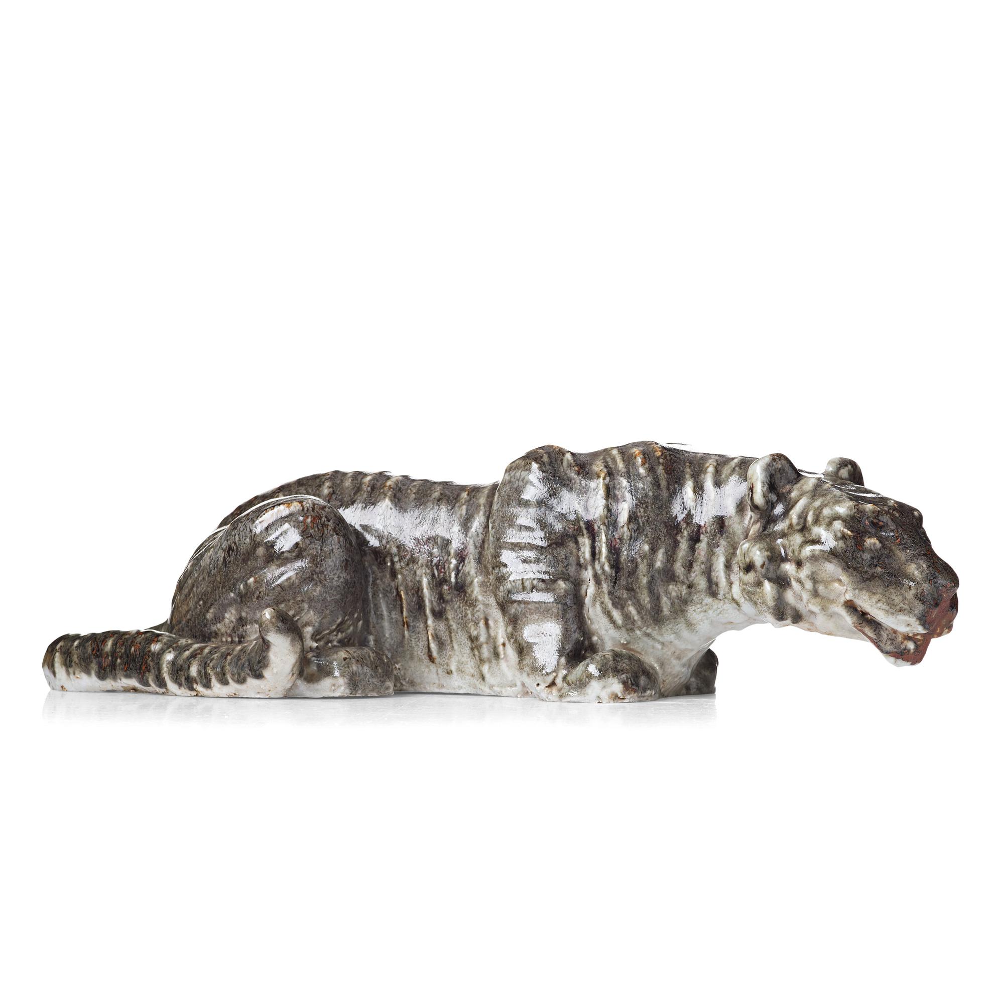 Michael Schilkin, a large stoneware sculpture of a hunting tiger, Arabia, Finland 1940's.