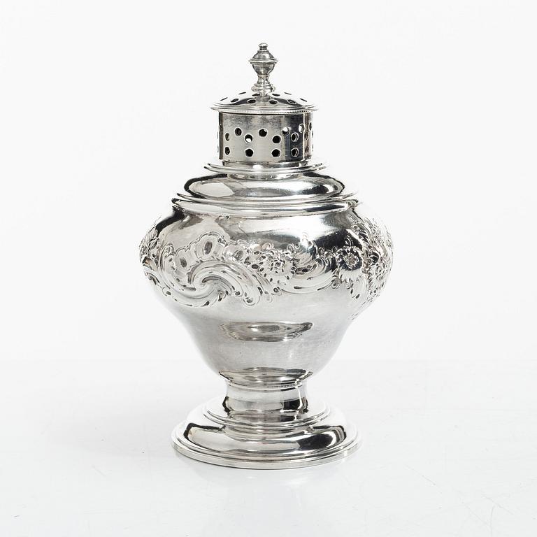 An English silver sugar caster, London 1751, probably Samuel Taylor.
