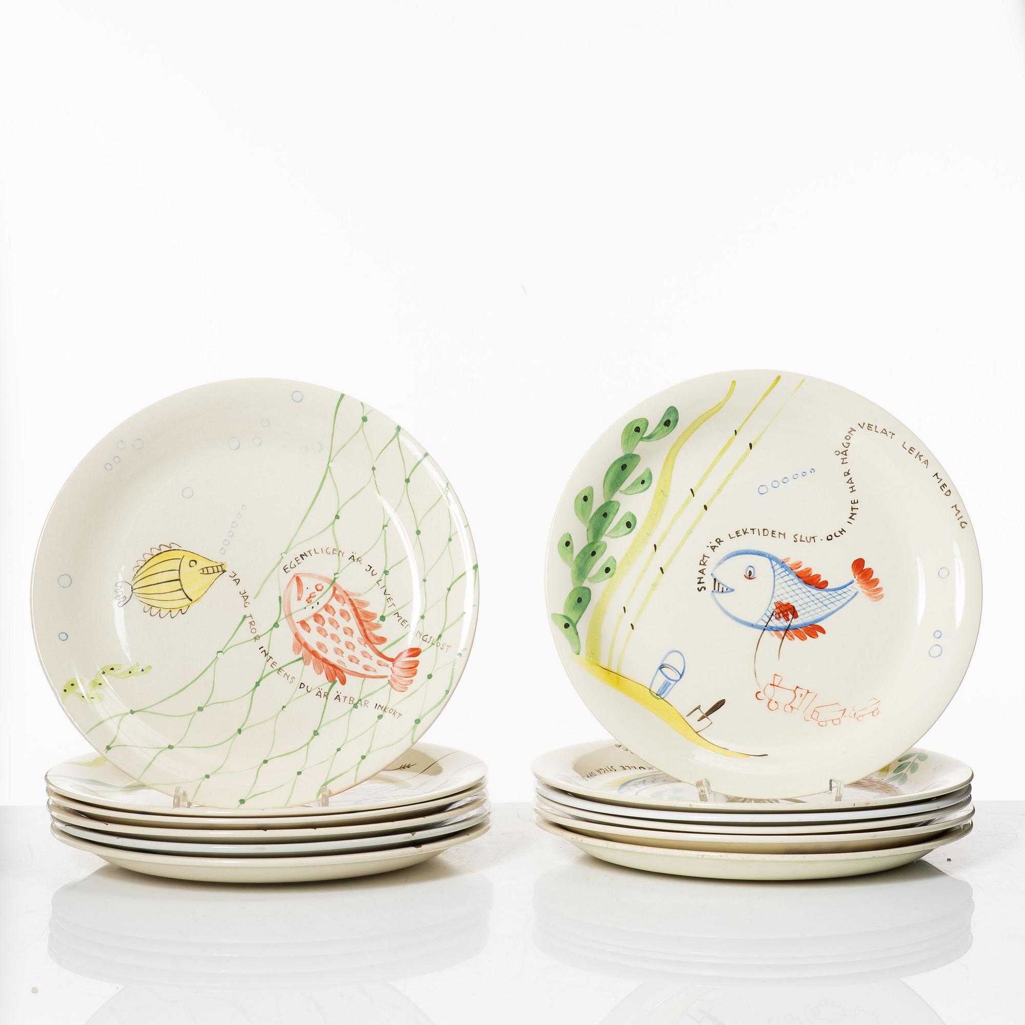 Stig Lindberg, twelve 'Löja' plates, Gustavsberg.