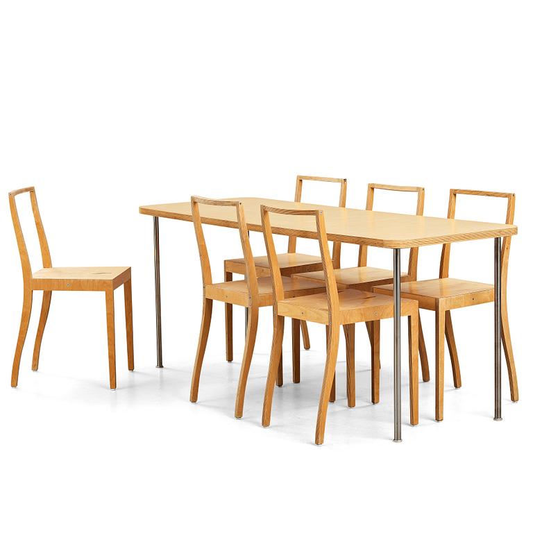 Jasper Morrison, a dining table and six birch laminate "Ply chairs / Open back" by Jasper Morrison, Vitra, 1988-89.
