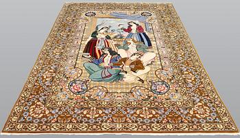 A pictoral part silk, Esfahan rug, signerad, 240 x 158 cm.