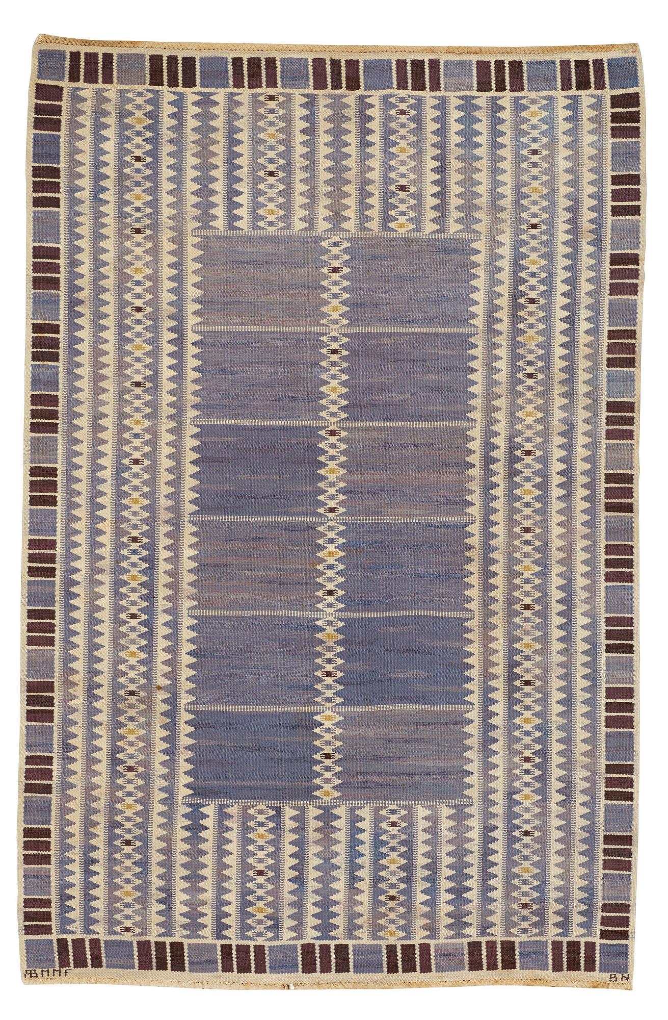 Barbro Nilsson, a carpet, "Salerno blå", flat weave, ca 312 x 201,5-205,5 cm, signed AB MMF BN.