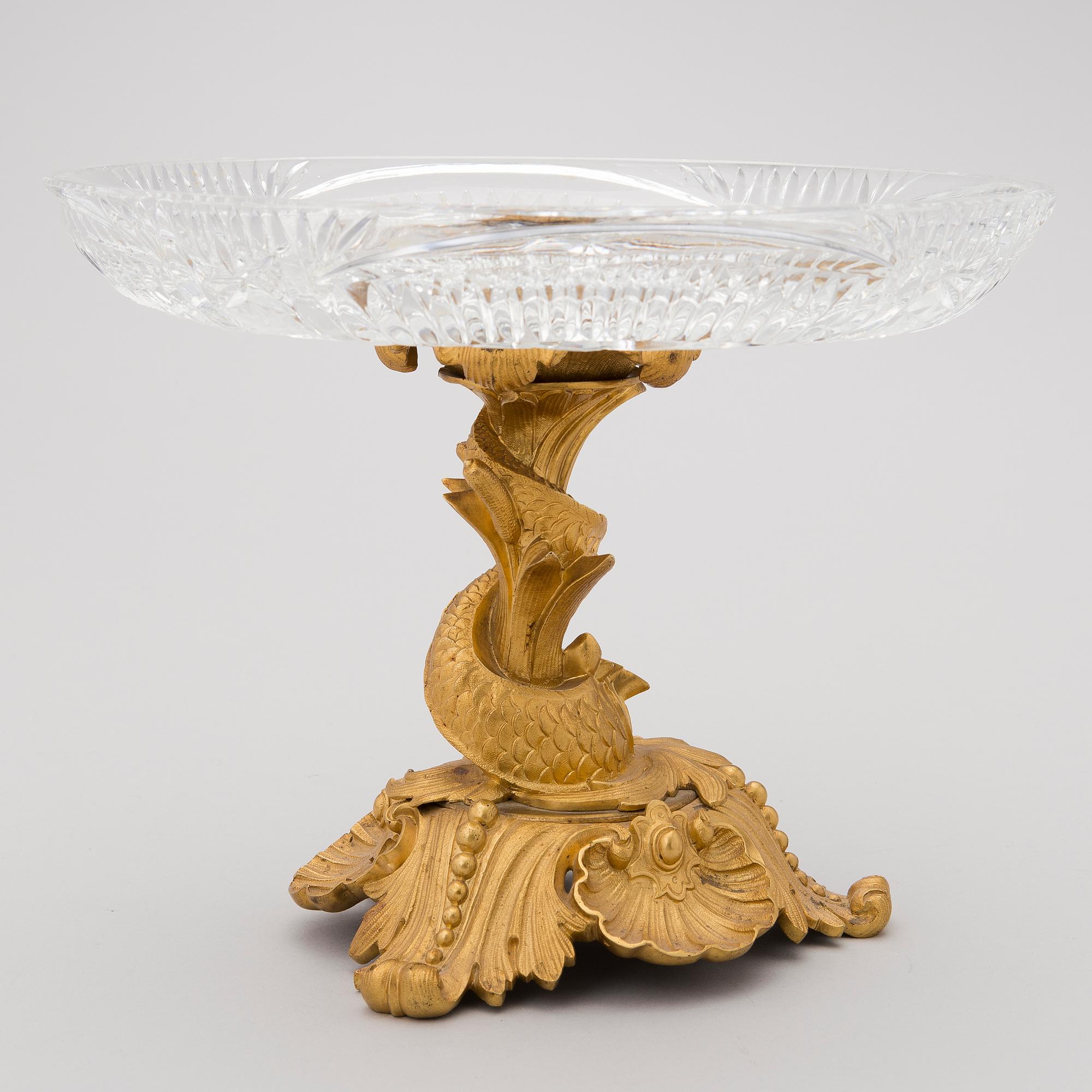 A mid-19th Century footed plate in gilt bronze and cut glass, presumably from Russia.