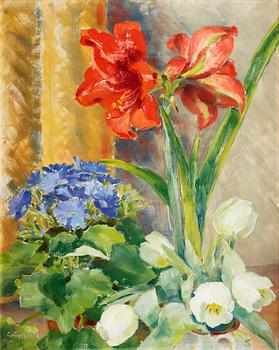 113. Isaac Grünewald, Blomsterstilleben med amaryllis och vita tulpaner.