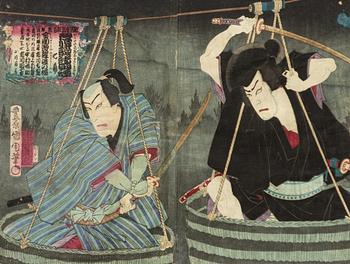 Utagawa Ichiyusai Kuniyoshi, diptych with kabuki scene.