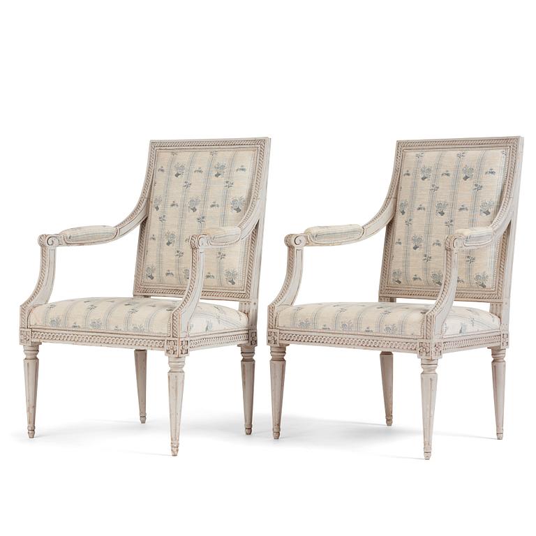 A pair of Gustavian open armchairs by J. Lindgren (master in Stockholm 1770-1800).