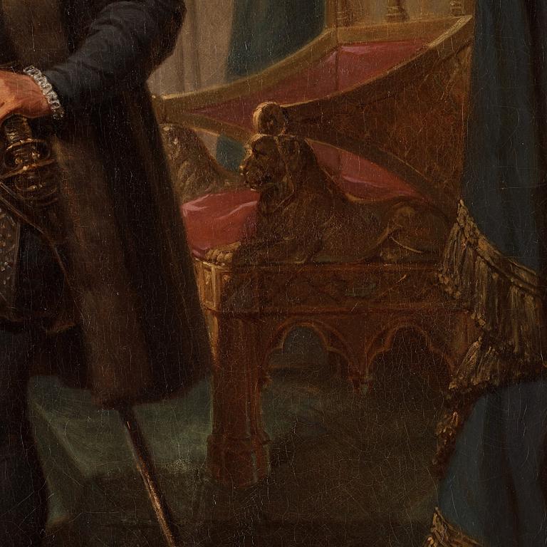 Johan Gustaf Sandberg, Gustav Vasa stående i en slottsinteriör intill ett draperat bord vilandes ena handen på Vasabibeln.