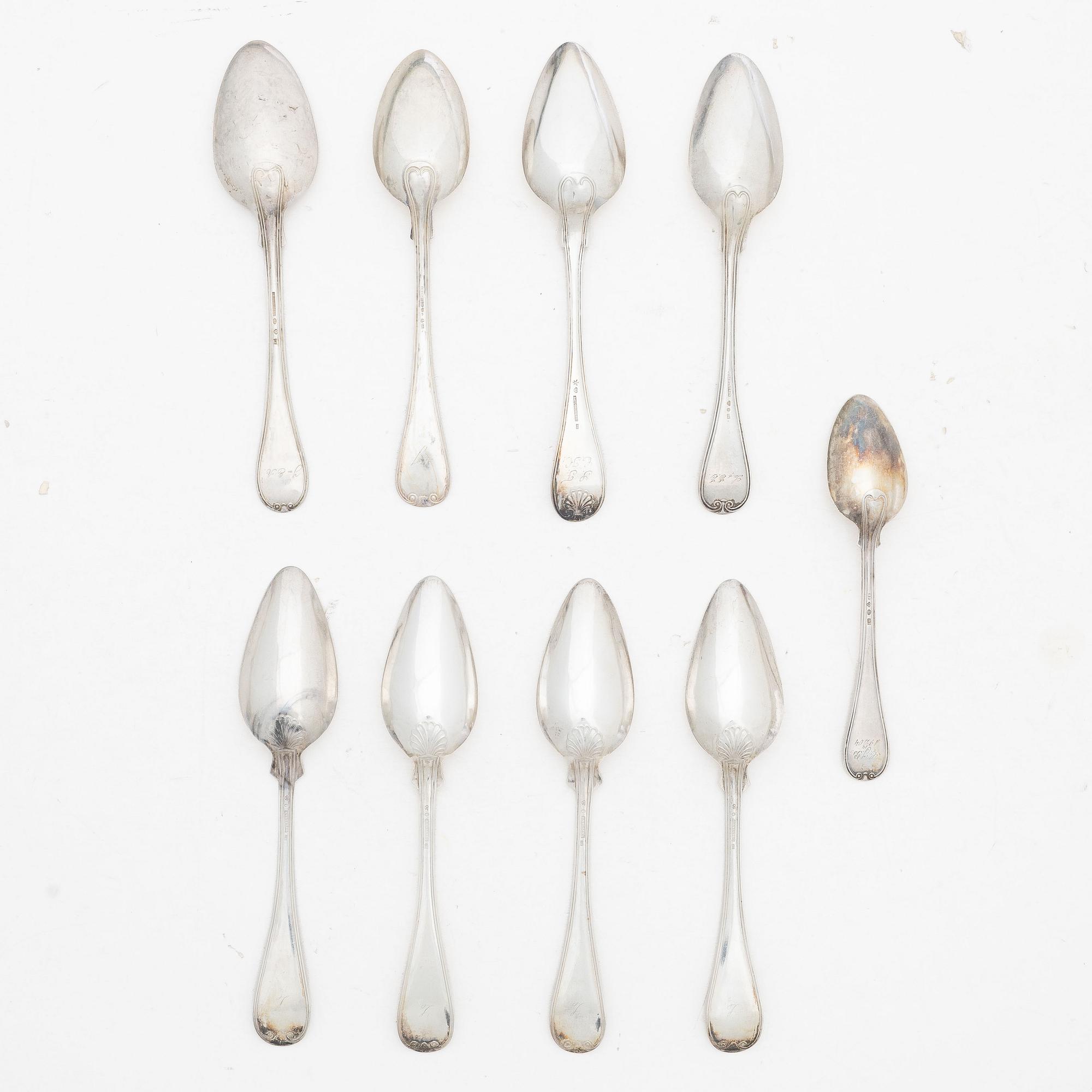 Nine Swedish silver spoons, 1843–1915.