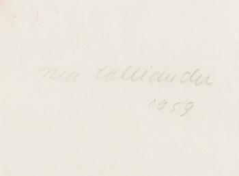 Ina Colliander, puupiirros, signeerattu ja päivätty 1959, merkitty Tpl'a 3/3.