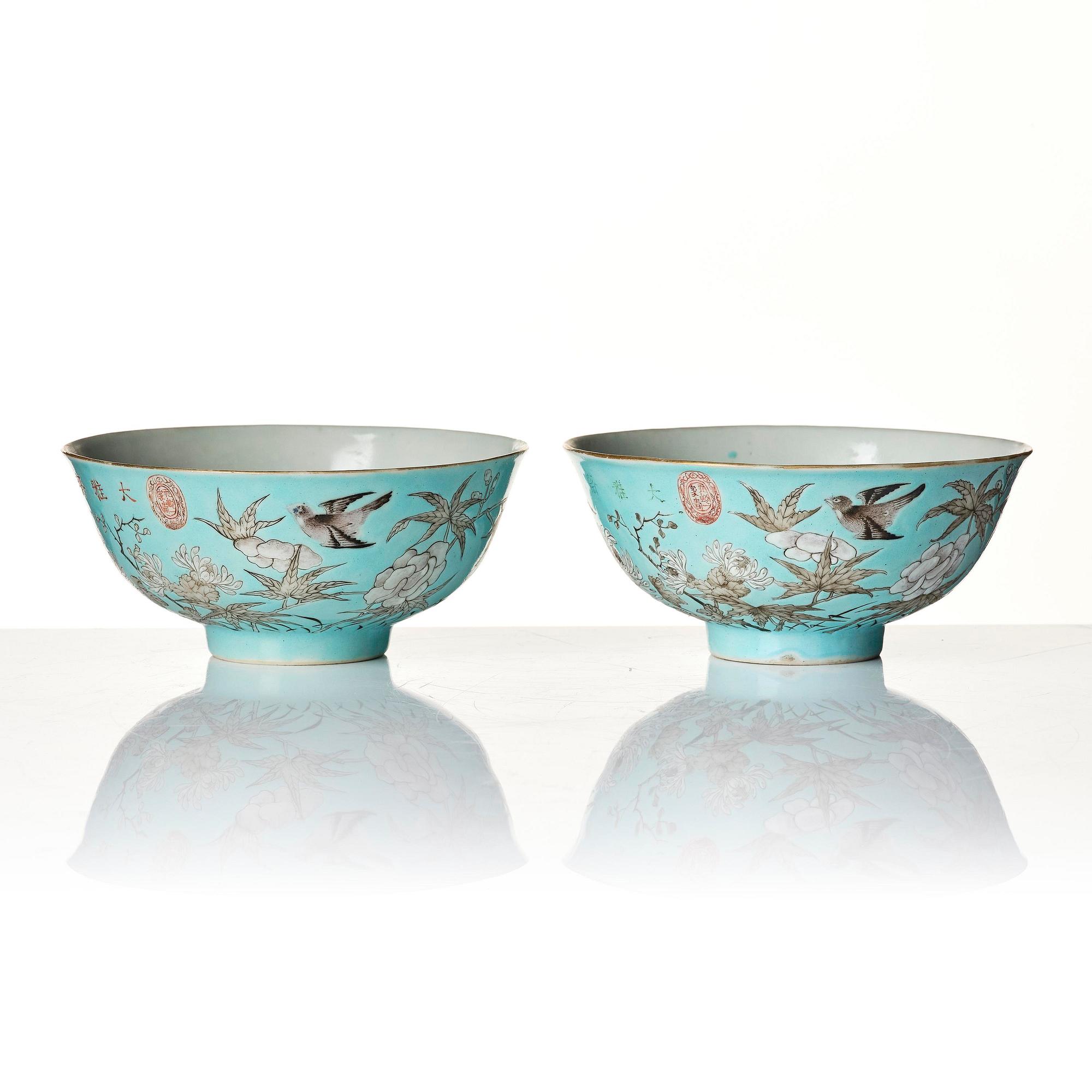 A pair of turquoise ground 'baijiaxiang' cups, Qing dynasty with seal mark in red.